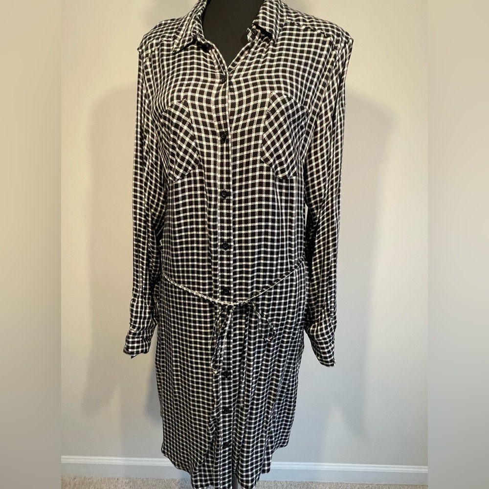 Women’s Merona Black and White Checkered Knee Length Long Sleeve Dress Size XL
